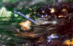 Artwork représentant un combat Mutant vs Scrin